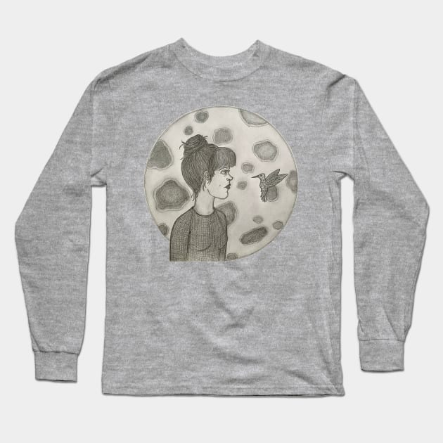 Woman and Hummingbird with Moon, “Everything’s Connected” Long Sleeve T-Shirt by LuvbuzzArt